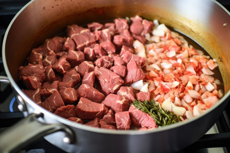 adding handful of chopped garlic onto simmering beef, created with generative aiの素材