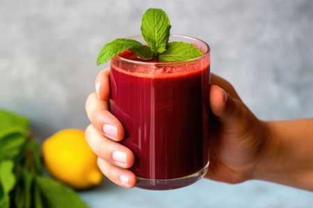 hand holding a glass of beetroot and carrot juice with mint leaves on top, created with generative aiの素材