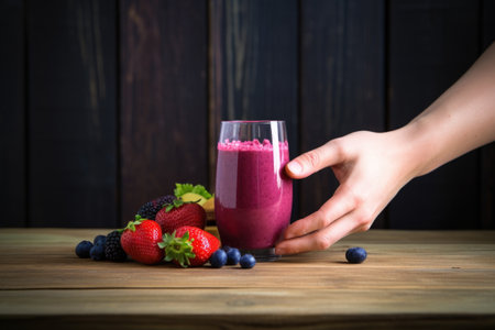 hands placing a glass of berry smoothie on a wooden table, created with generative aiの素材