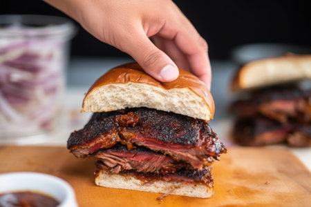 hand placing a piece of sliced bbq brisket on a bun, created with generative aiの素材