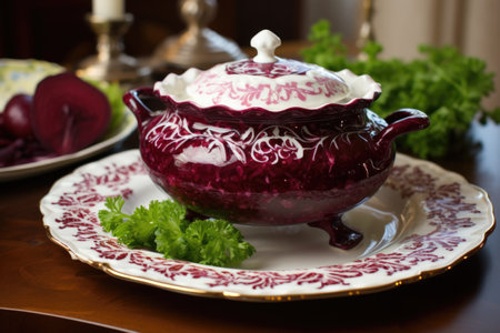 borscht served in an ornate ceramic soup tureen, created with generative aiの素材