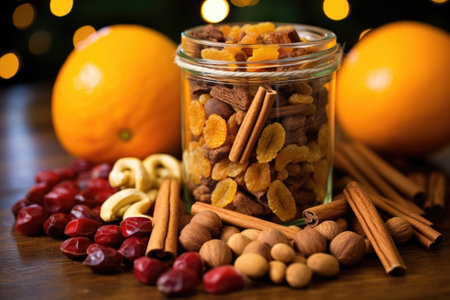 mixed nuts, orange peel, and cinnamon sticks for festive snacks, created with generative aiの素材