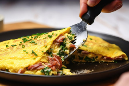 hand using a spatula to flip a fluffy omelette, created with generative aiの素材
