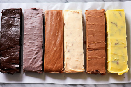 different flavored brownies separated by parchment paper, created with generative aiの素材
