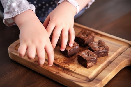 childs hand taking a piece of brownie from a wooden tray, created with generative aiの素材