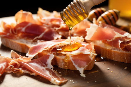 peeling prosciutto onto a fig and honey bruschetta, created with generative aiの素材