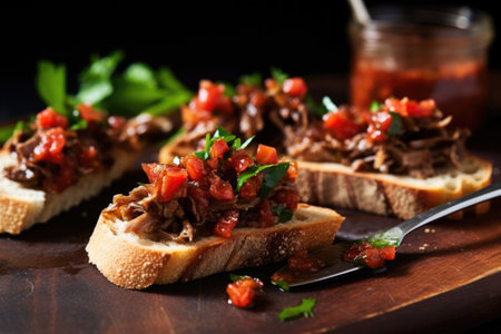flaking canned anchovies onto a slice of bruschetta with a fork, created with generative aiの素材
