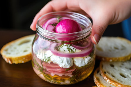close view of a hand taken pickled onion from a jar for goat cheese bruschetta, created with generative aiの素材
