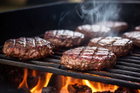 multiple burger patties flipping in succession on a large grill, created with generative aiの素材