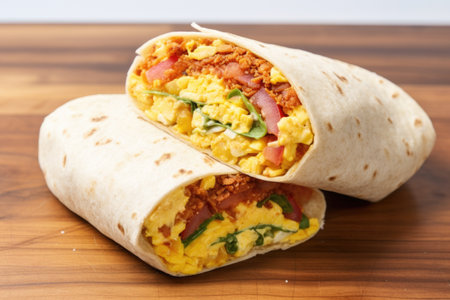breakfast burrito filled with scrambled eggs and bacon, created with generative aiの素材
