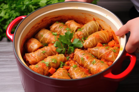 hand placing cabbage rolls into a casserole dish, created with generative aiの素材