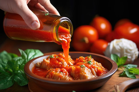 hand pouring tomato sauce onto freshly rolled cabbage, created with generative aiの素材