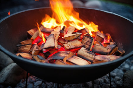 red burning embers cooking potatoes in a deep fire pit, created with generative aiの素材