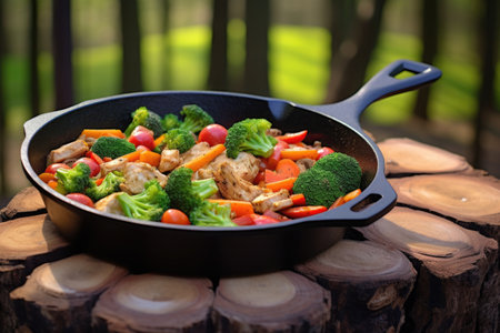 iron skillet with forest background, filled with chicken and vegetables, created with generative aiの素材