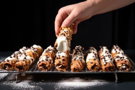 hand arranging cannoli on a scalloped cookie stand, created with generative aiの素材