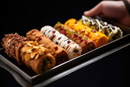 hand showcasing a cannoli with different fillings in a tray, created with generative aiの素材