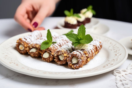 hand arranging a trio of mini cannolis on a white plate, created with generative aiの素材