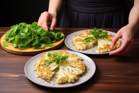 hand arranging cauliflower steaks with green salad on a plate, created with generative aiの素材