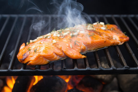 cedar plank smoked salmon caught mid-flip on a grill, created with generative aiの素材