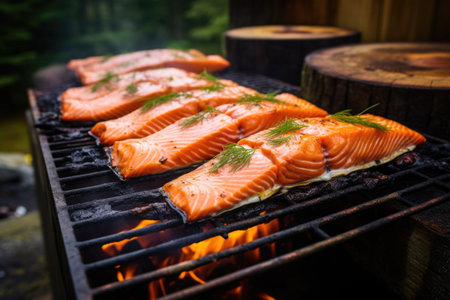 salmon fillets on a cedar plank, next to a bbq pit, created with generative aiの素材