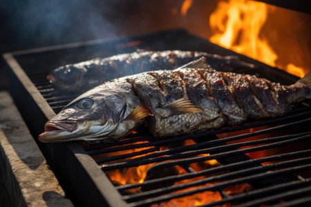 a whole fish grilling on an open charcoal grill, created with generative aiの素材