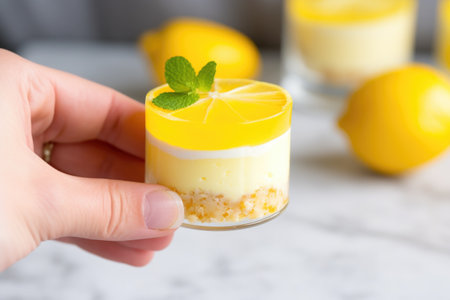 hand holding a lemon slice over a lemon cheesecake, created with generative aiの素材