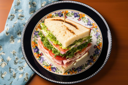 top-down shot of sandwich on a ceramic plate, created with generative aiの素材