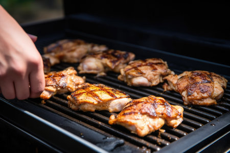 cooking chicken thighs on a griddle with a hand flipping them, created with generative aiの素材