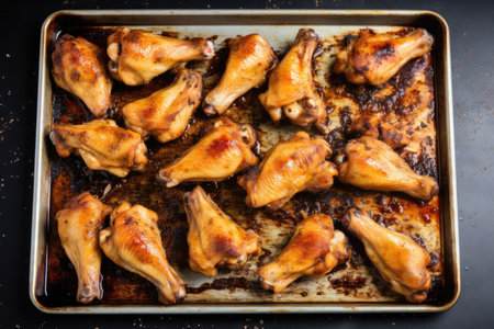 baked honey-glazed chicken wings on a baking tray, created with generative aiの素材