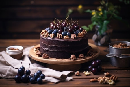 nut coated chocolate cake on a wooden table, created with generative aiの素材
