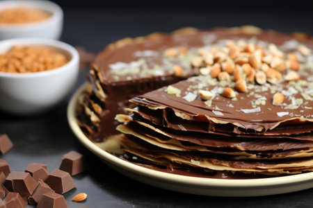 layering thin chocolate crepes with hazelnut spread, created with generative aiの素材