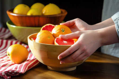 hand picking up a grapefruit from a fruit bowl, created with generative aiの素材