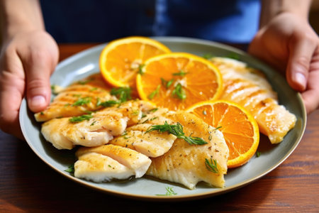 hand holding a plate of citrus-marinated fish fillets, created with generative aiの素材