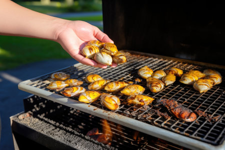 hand spreading butter over smoking clams on a grill, created with generative aiの素材