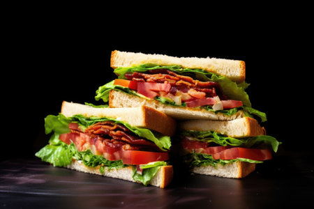 blt sandwich halves positioned in a triangle against a black background, created with generative aiの素材