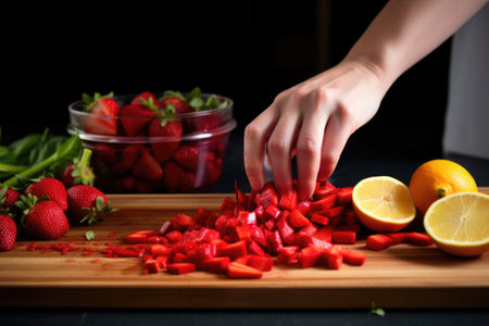 hand chopping fresh strawberries for a daiquiri, created with generative aiの素材