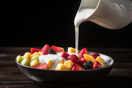 pouring coconut milk into a bowl of exotic tropical fruit salad, created with generative aiの素材