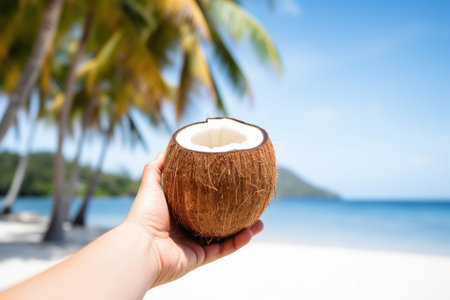 hand holding a coconut in a beach setting, straw inserted, created with generative aiの素材
