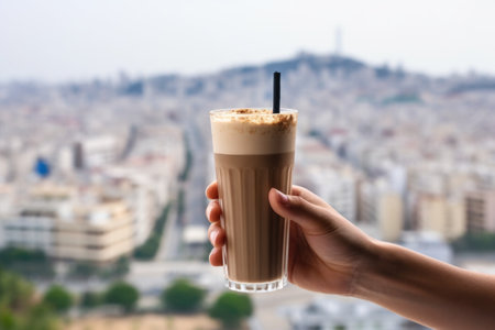 hand holding coffee shake with city backdrop, created with generative aiの素材
