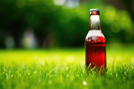 red and white cola soda bottle on a green grass background, created with generative aiの素材