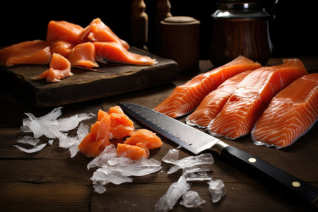 smoked salmon pieces next to knife & fork, created with generative aiの素材