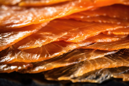 up-close shot of smoked salmon texture on a piece, created with generative aiの素材