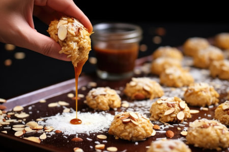 hand dusting crushed nuts over caramel-drizzled cookies, created with generative aiの素材