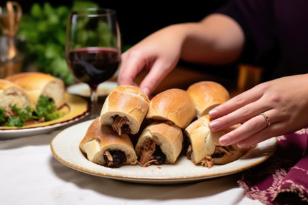 hand serving coq au vin bread rolls on a side plate, created with generative aiの素材