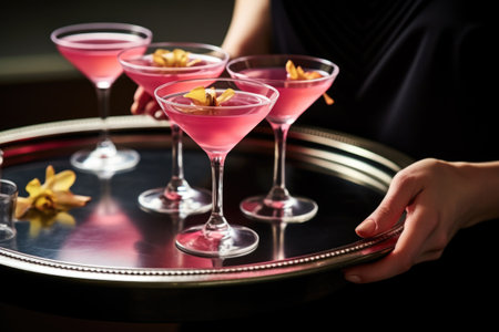 hand serving an elegant tray of cosmopolitan cocktails at a party, created with generative aiの素材