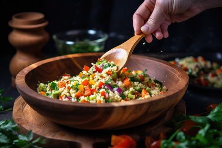 hand mixing couscous salad with diced vegetables using wooden spatula, created with generative aiの素材