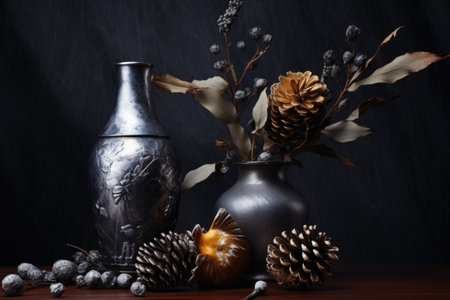 metallic spray paint beside pinecones, created with generative aiの素材