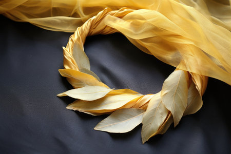 a partially made solstice wreath, outlined with golden ribbon, created with generative aiの素材