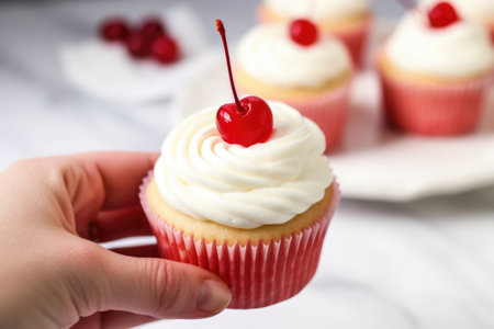 hand placing cherry on a vanilla cupcake, created with generative aiの素材