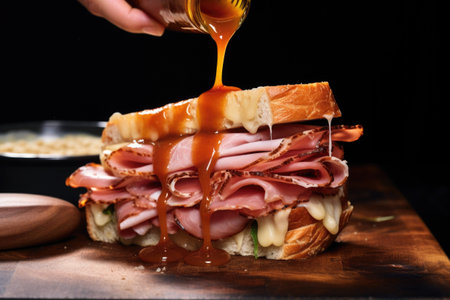 pouring homemade sauce on a ham sandwich, created with generative aiの素材